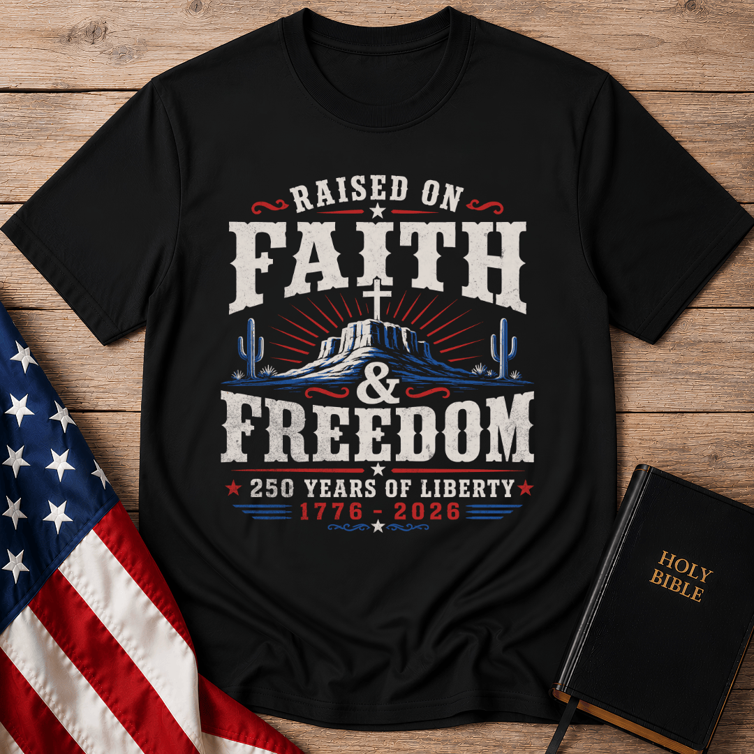 graphic t shirt featuring a cross on a desert mesa with the text Raised on Faith and Freedom 1776 to 2026.