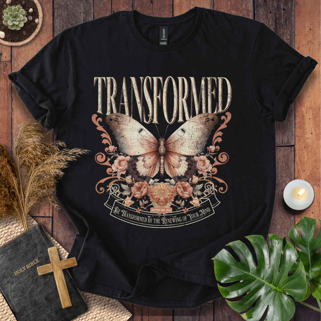 Transformed Christian t-shirt in black—vintage butterfly with florals, Romans 12:2.