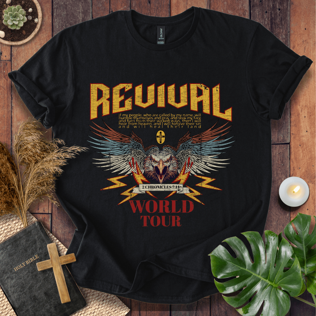 Revival World Tour Christian t-shirt—eagle wings graphic with 2 Chronicles 7:14 verse.