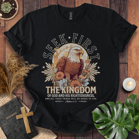 Seek First the Kingdom Christian t-shirt in black—bald eagle with vintage floral design, Matthew 6:33.