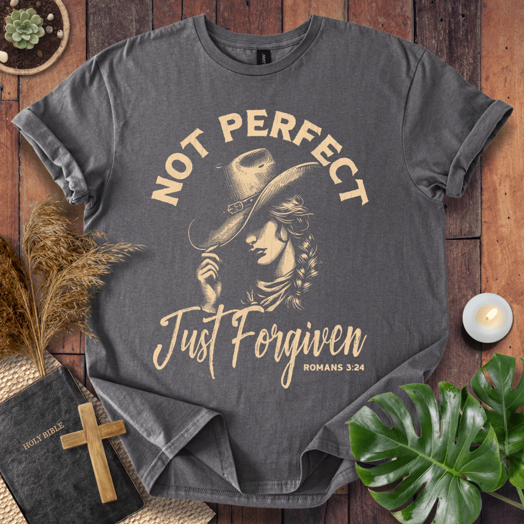 Not Perfect Just Forgiven Christian t-shirt for women with cowgirl design
