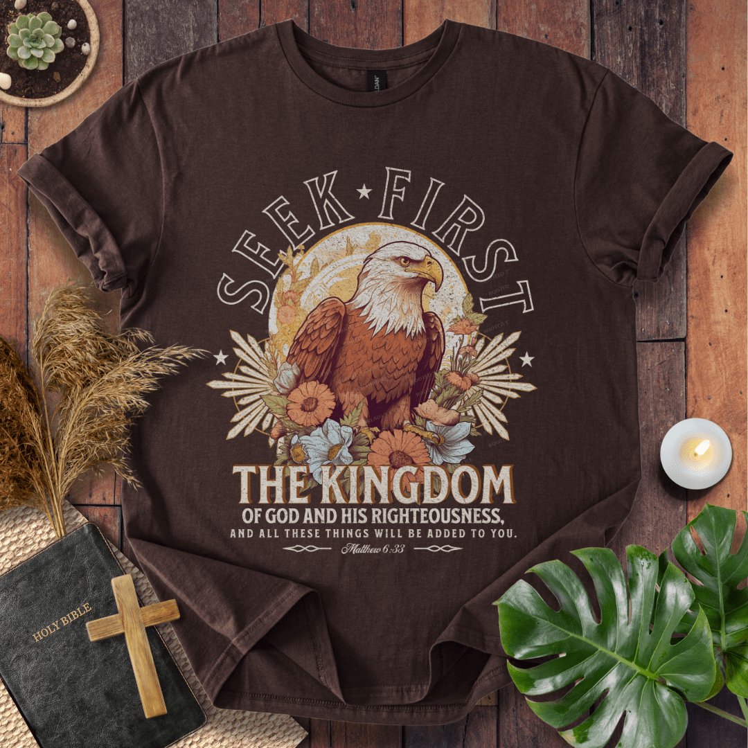 Seek First the Kingdom Christian t-shirt in black—bald eagle with vintage floral design, Matthew 6:33.