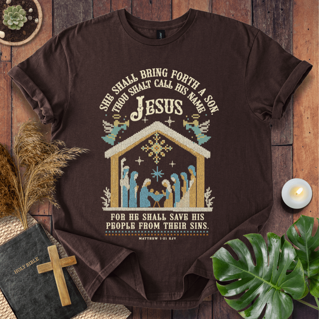She Shall Bring Forth a Son Christian Christmas t-shirt with nativity cross-stitch design