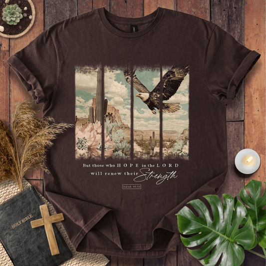 Isaiah 40:31 Christian t-shirt in forest green—flying eagle over desert cactus panels; renew their strength.