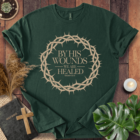 Christian t shirt with crown of thorns design and Isaiah 53:5 scripture verse for Easter resurrection.