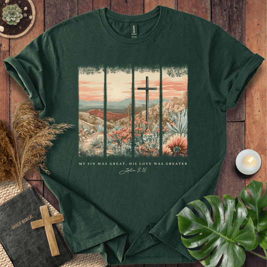 Christian Easter t-shirt with a vintage desert cross scene and John 3:16 text "My sin was great, His love was greater."