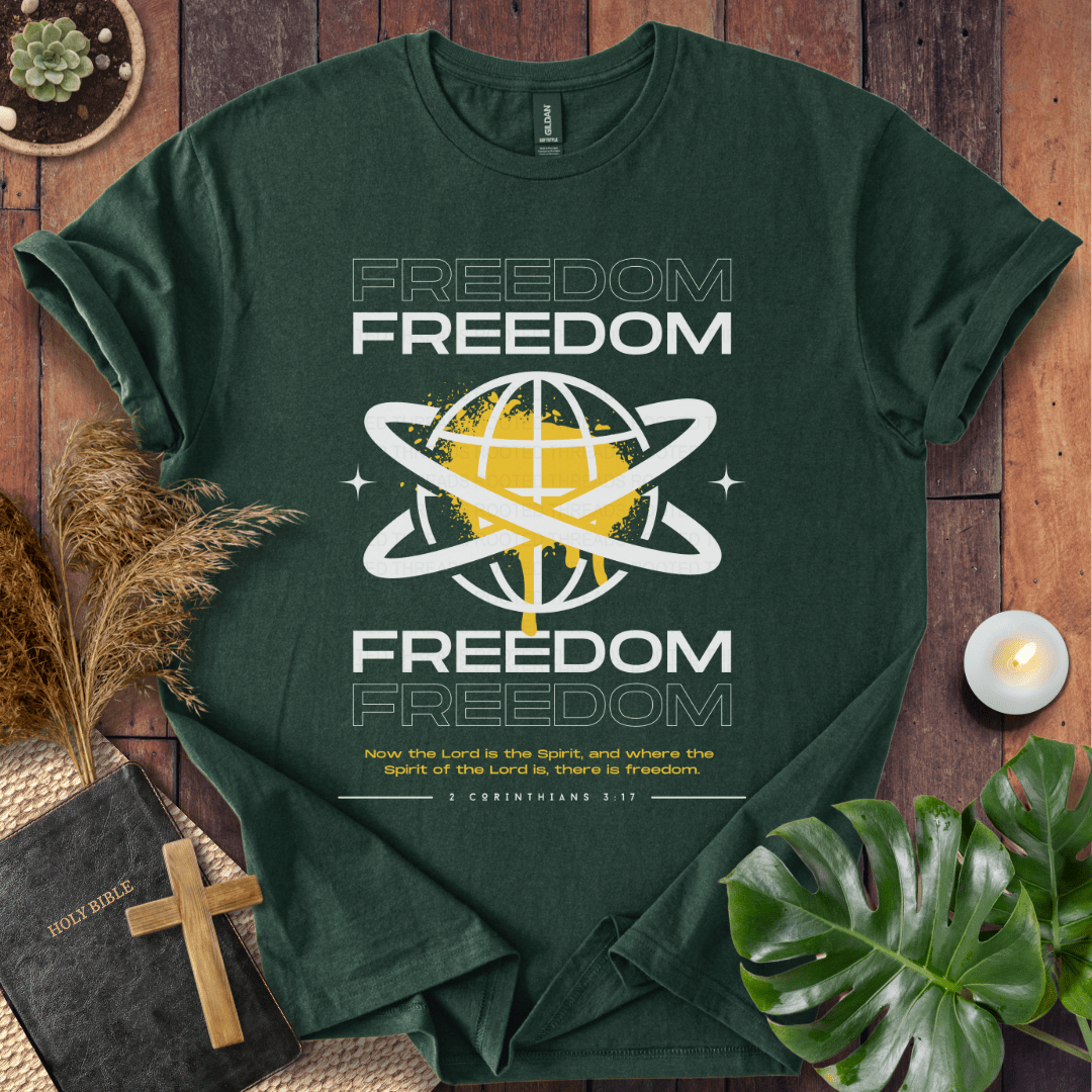 Freedom Christian t-shirt—modern globe with orbit rings and verse 2 Corinthians 3:17 about the Spirit and freedom.