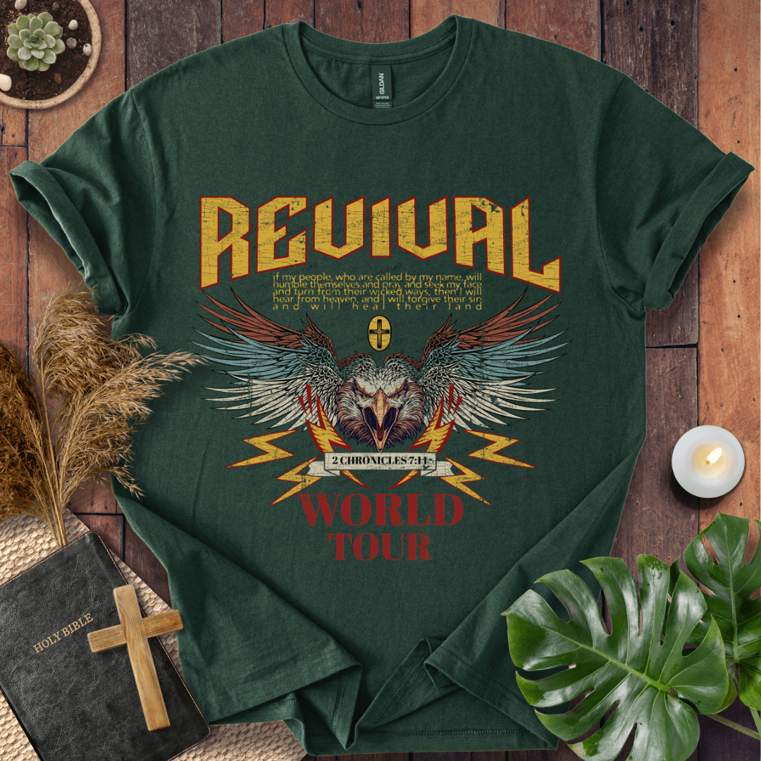 Revival World Tour Christian t-shirt—eagle wings graphic with 2 Chronicles 7:14 verse.