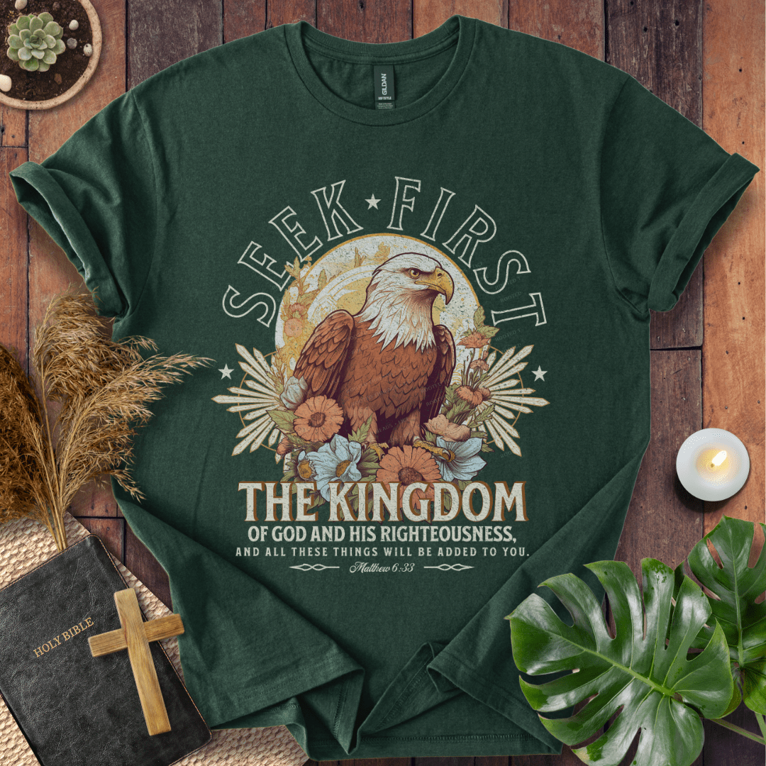 Seek First the Kingdom Christian t-shirt in black—bald eagle with vintage floral design, Matthew 6:33.