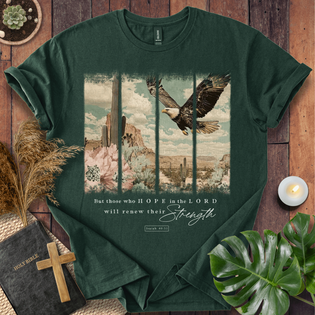 Isaiah 40:31 Christian t-shirt in forest green—flying eagle over desert cactus panels; renew their strength.