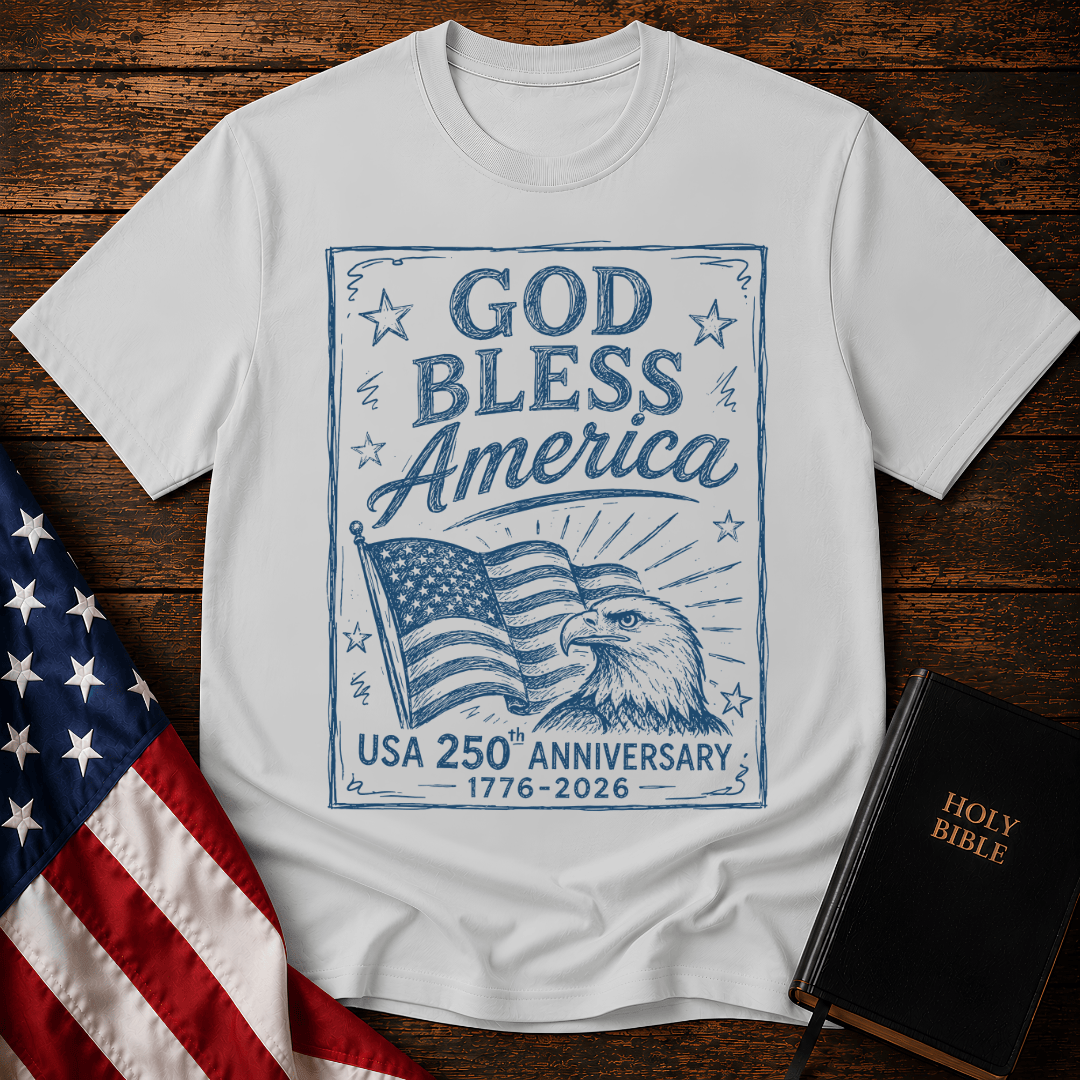 God Bless America USA 250th Anniversary t-shirt with a blue sketch of a bald eagle and American flag next to a Bible.