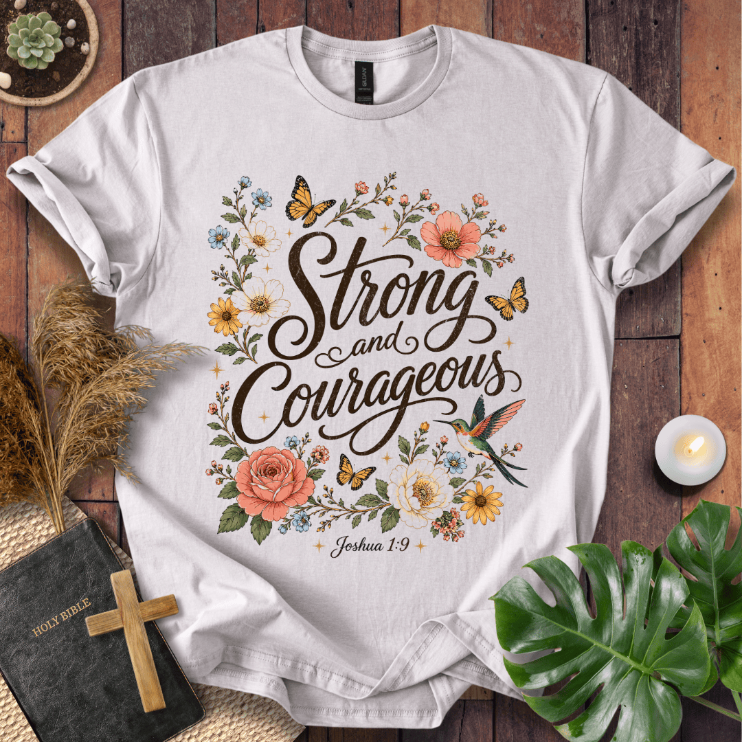 Joshua 1:9 Strong and Courageous vintage wildflower graphic tee with butterflies on