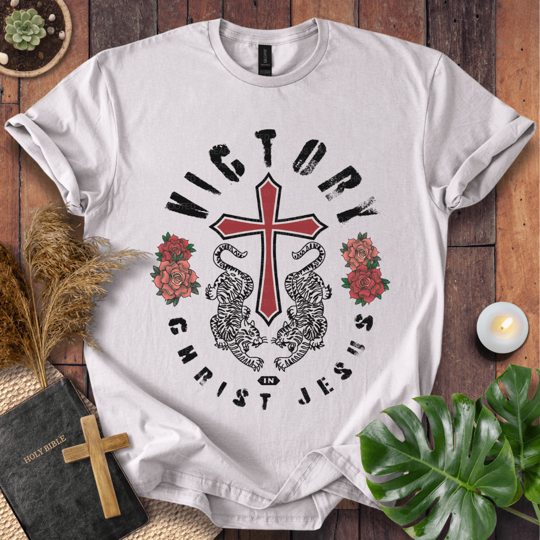 Victory in Christ Jesus Christian t-shirt in natural—red cross with twin tigers and roses graphic.