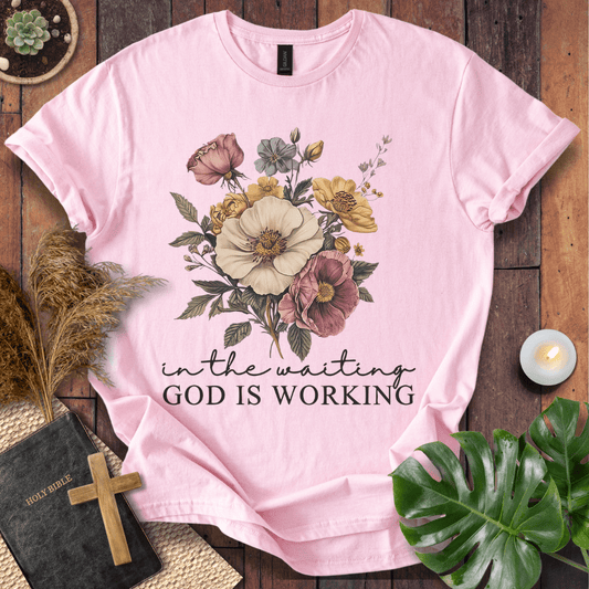 “In the Waiting God Is Working” Christian t-shirt with vintage floral bouquet and script; modern faith tee.