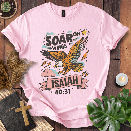 “Soar on Wings” Isaiah 40:31 Christian t-shirt with flying eagle, stars, and lightning—uplifting scripture design.
