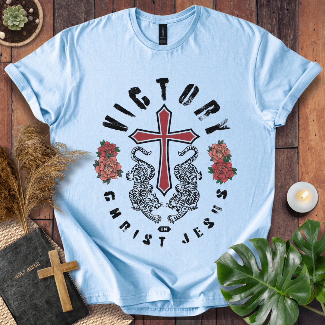 Victory in Christ Jesus Christian t-shirt in natural—red cross with twin tigers and roses graphic.