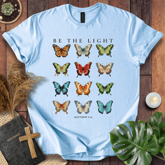 t-shirt featuring 12 vintage-style butterflies with Matthew 5:14 scripture.