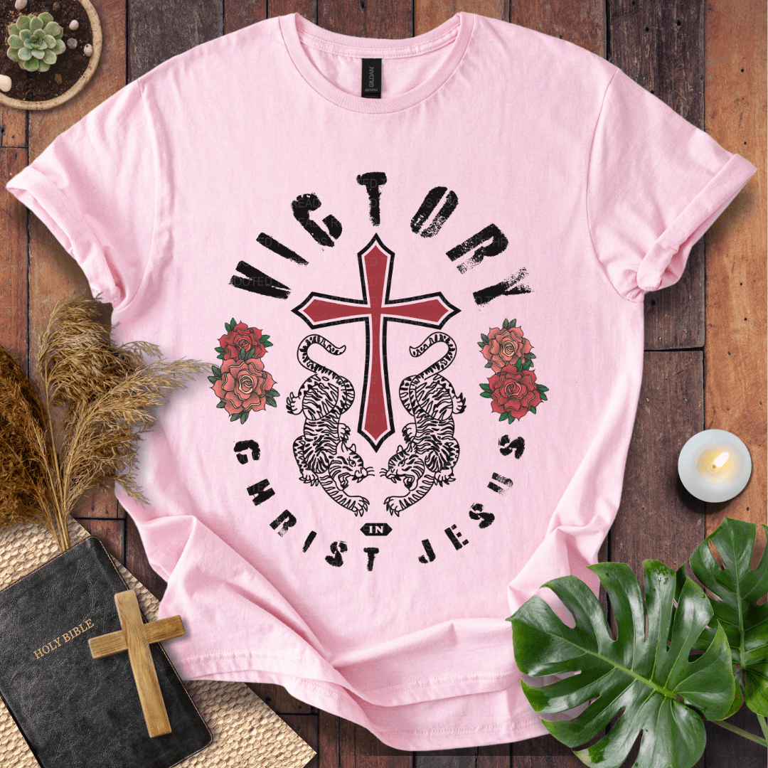 Victory in Christ Jesus Christian t-shirt in natural—red cross with twin tigers and roses graphic.