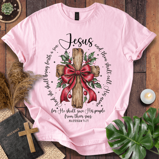 Faith Christmas shirt with Scripture Matthew 1:21 – religious holiday tee