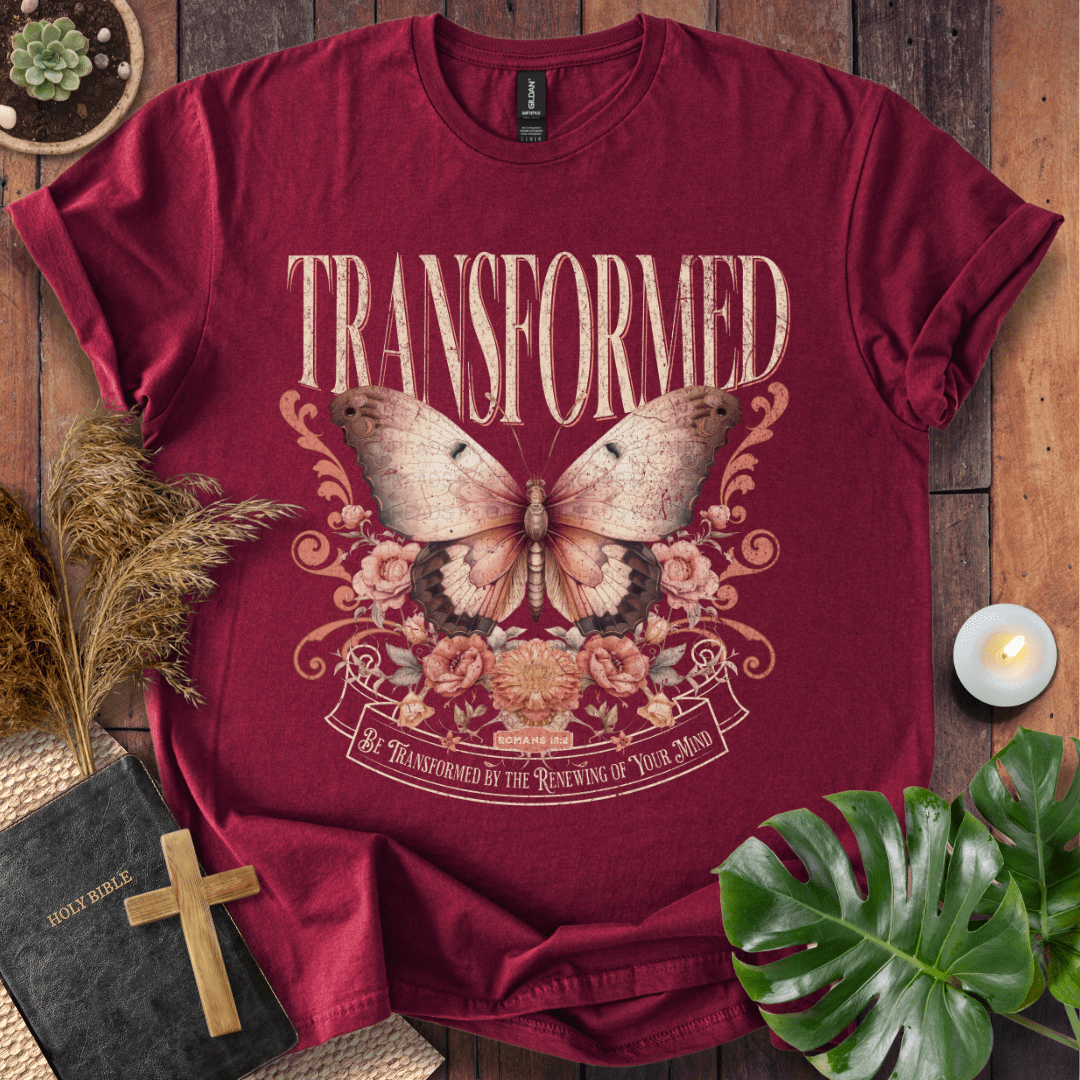 Transformed Christian t-shirt in black—vintage butterfly with florals, Romans 12:2.