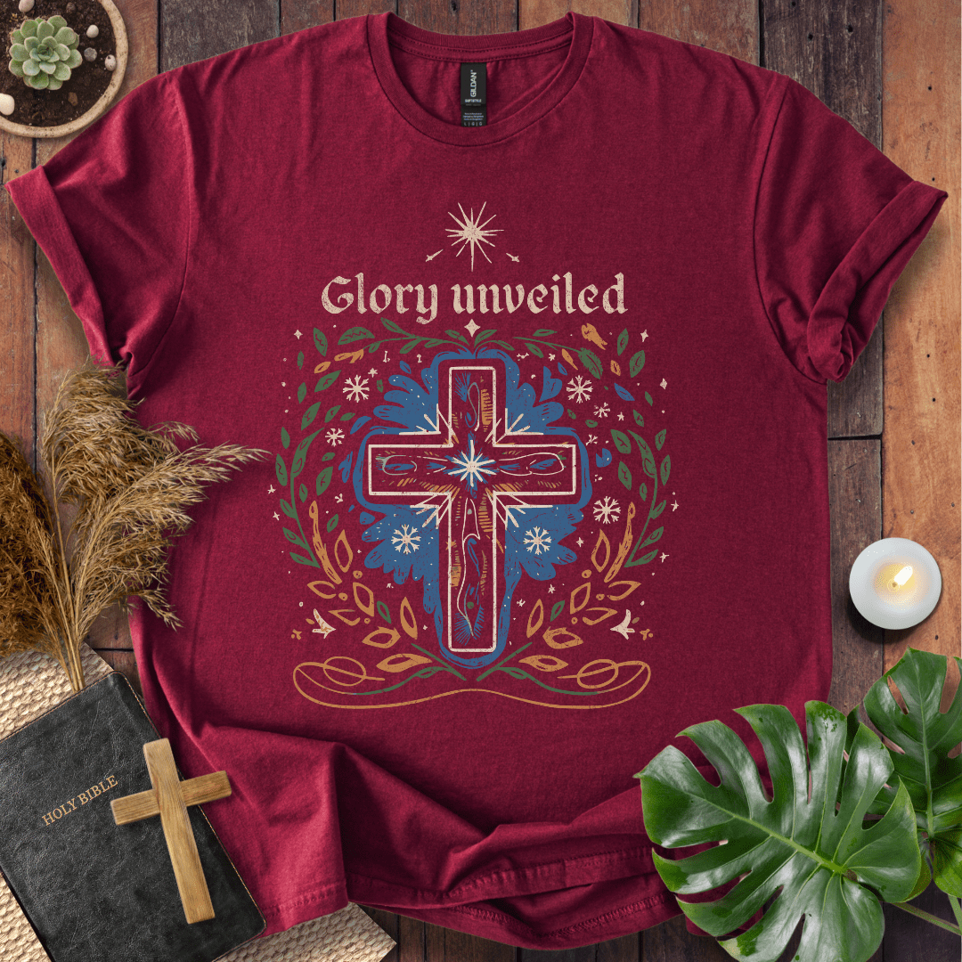 Inspirational Christian t-shirt with blue and gold cross design – Glory Unveiled message