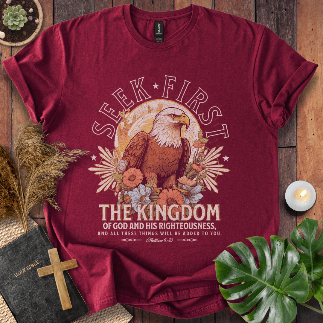 Seek First the Kingdom Christian t-shirt in black—bald eagle with vintage floral design, Matthew 6:33.