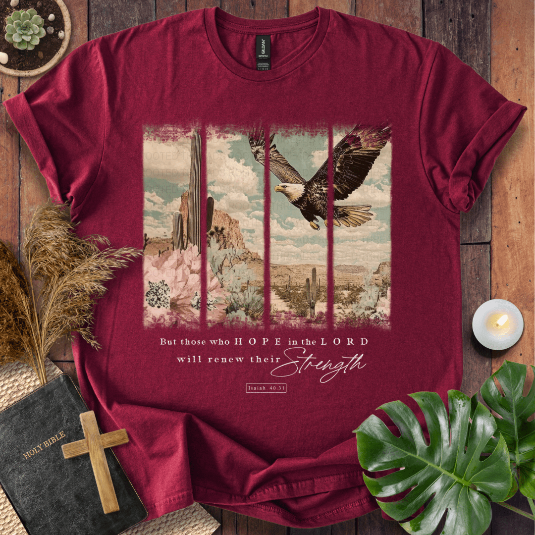 Isaiah 40:31 Christian t-shirt in forest green—flying eagle over desert cactus panels; renew their strength.