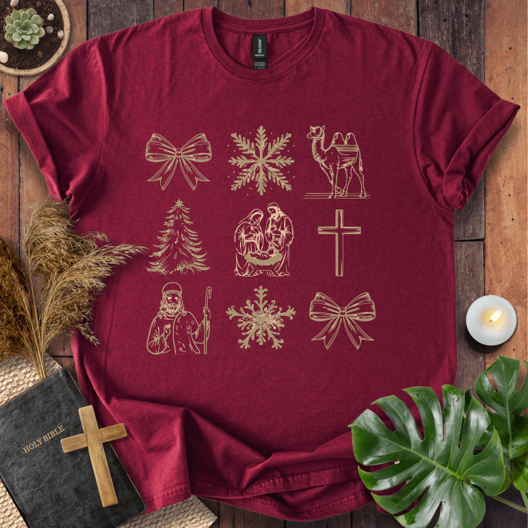 Inspirational Christian t-shirt celebrating Jesus’ birth – gold outline nativity design