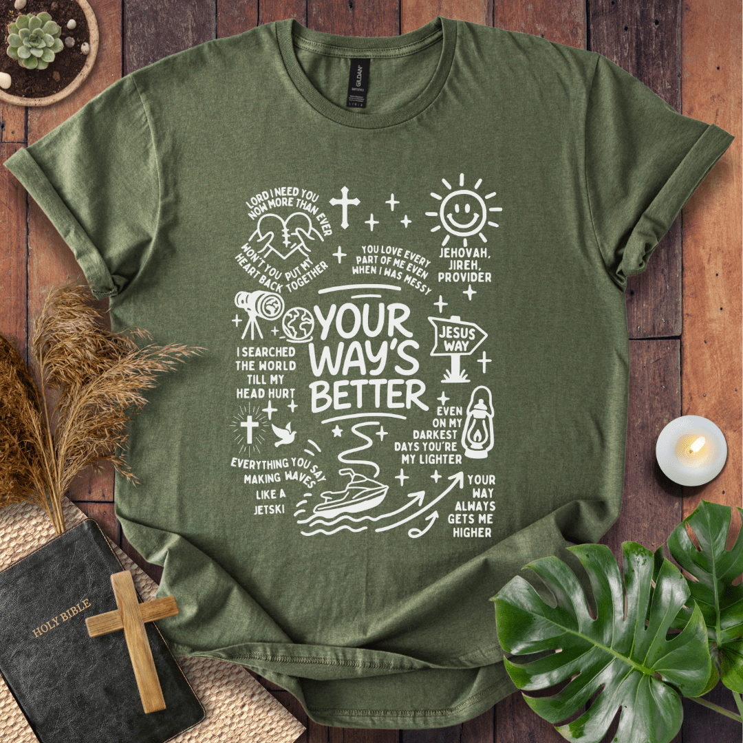 “Your Way’s Better” Christian t-shirt with doodle icons (crosses, lantern, Jesus Way sign); modern faith tee.