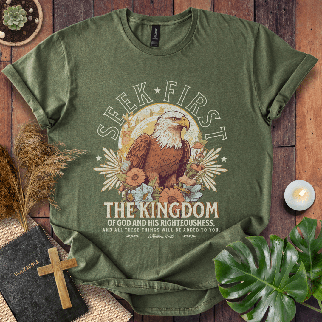 Seek First the Kingdom Christian t-shirt in black—bald eagle with vintage floral design, Matthew 6:33.