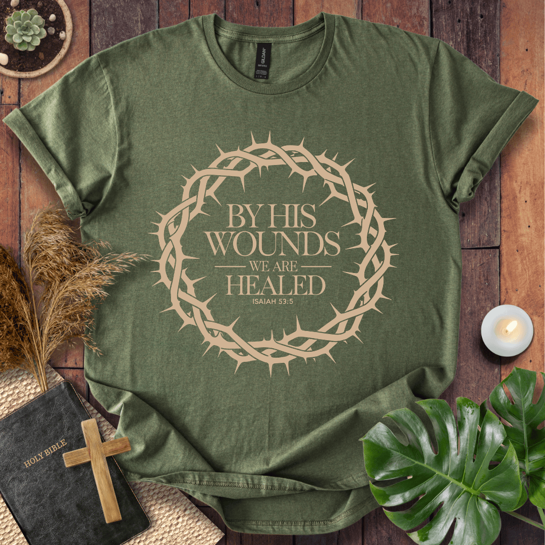 Christian t shirt with crown of thorns design and Isaiah 53:5 scripture verse for Easter resurrection.