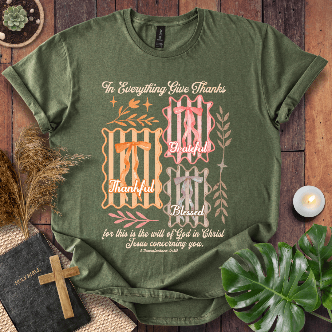 Christian t-shirt with "In Everything Give Thanks" 1 Thessalonians 5:18 verse, pink bows, and botanical vintage graphics.