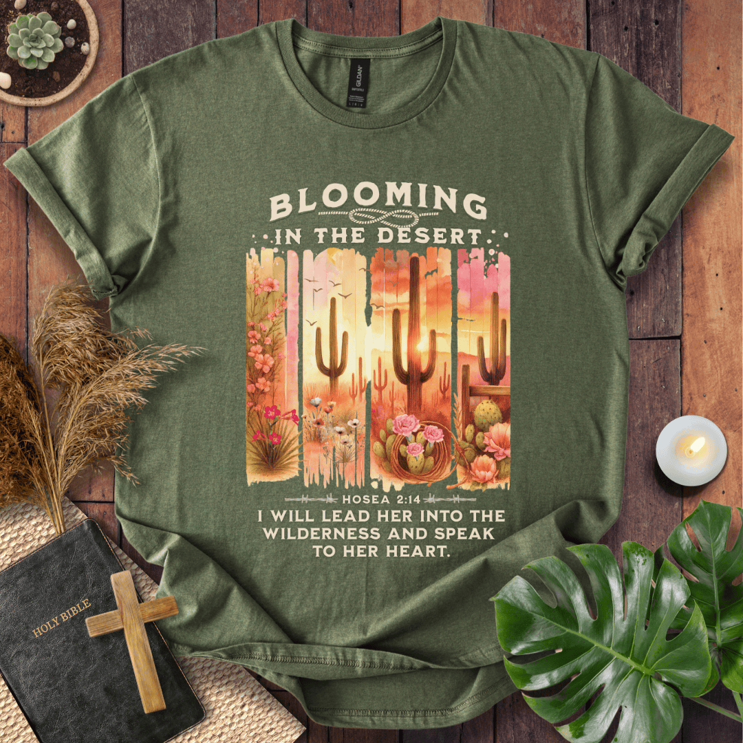 Christian t-shirt with desert sunset, cacti, and Hosea 2:14 scripture "I will lead her into the wilderness."