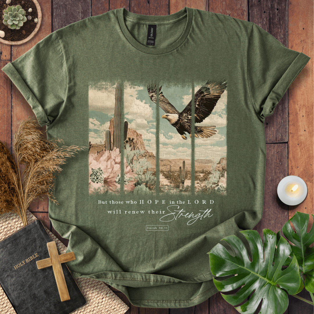 Isaiah 40:31 Christian t-shirt in forest green—flying eagle over desert cactus panels; renew their strength.