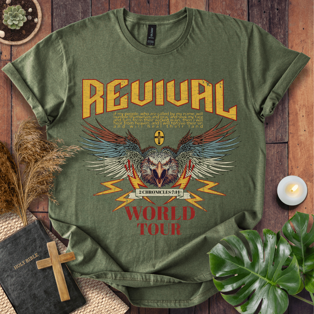Revival World Tour Christian t-shirt—eagle wings graphic with 2 Chronicles 7:14 verse.
