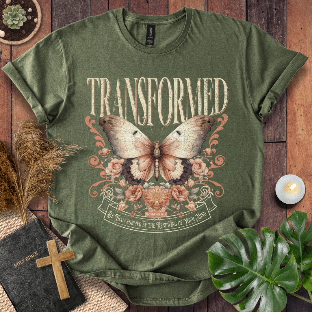 Transformed Christian t-shirt in black—vintage butterfly with florals, Romans 12:2.