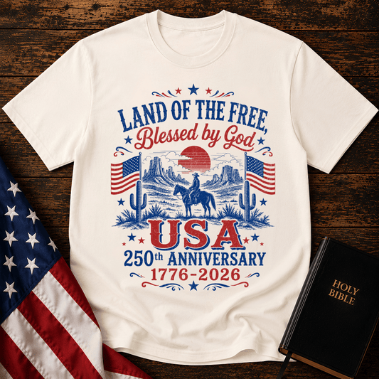 Vintage USA 250th anniversary Christian t shirt featuring a cowboy on a horse in a desert landscape with American flags.