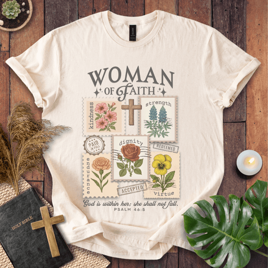 “Woman of Faith Christian t-shirt with floral cross and Psalm 46:5 Bible verse”