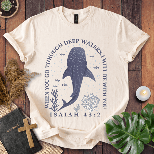 Isaiah 43:2 Christian t-shirt with whale shark, fish, and coral; “When you go through deep waters, I will be with you” Bible verse tee.