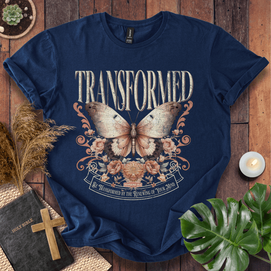 Transformed Christian t-shirt in black—vintage butterfly with florals, Romans 12:2.
