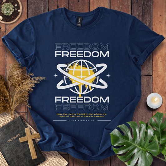Freedom Christian t-shirt—modern globe with orbit rings and verse 2 Corinthians 3:17 about the Spirit and freedom.