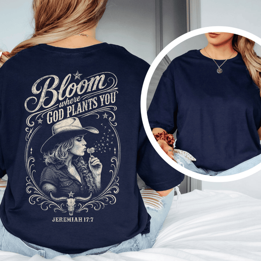 Back of Bloom Where God Plants You t-shirt from the Black.jpg file, featuring a western cowgirl and steer skull.