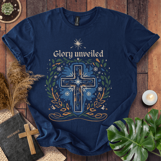 Inspirational Christian t-shirt with blue and gold cross design – Glory Unveiled message