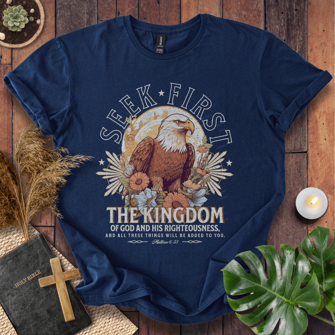 Seek First the Kingdom Christian t-shirt in black—bald eagle with vintage floral design, Matthew 6:33.