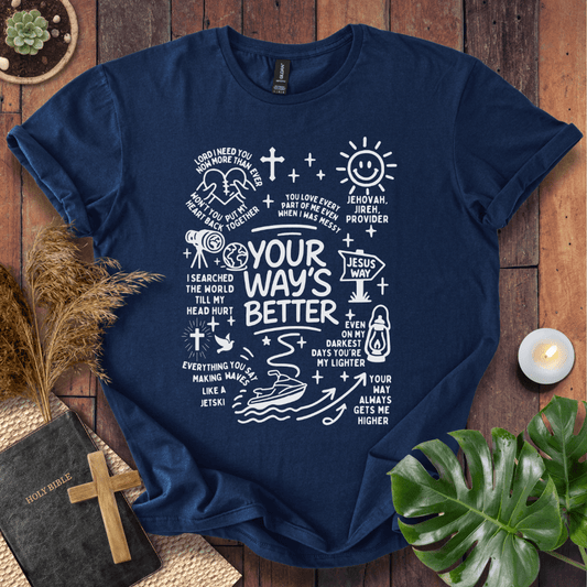 “Your Way’s Better” Christian t-shirt with doodle icons (crosses, lantern, Jesus Way sign); modern faith tee.