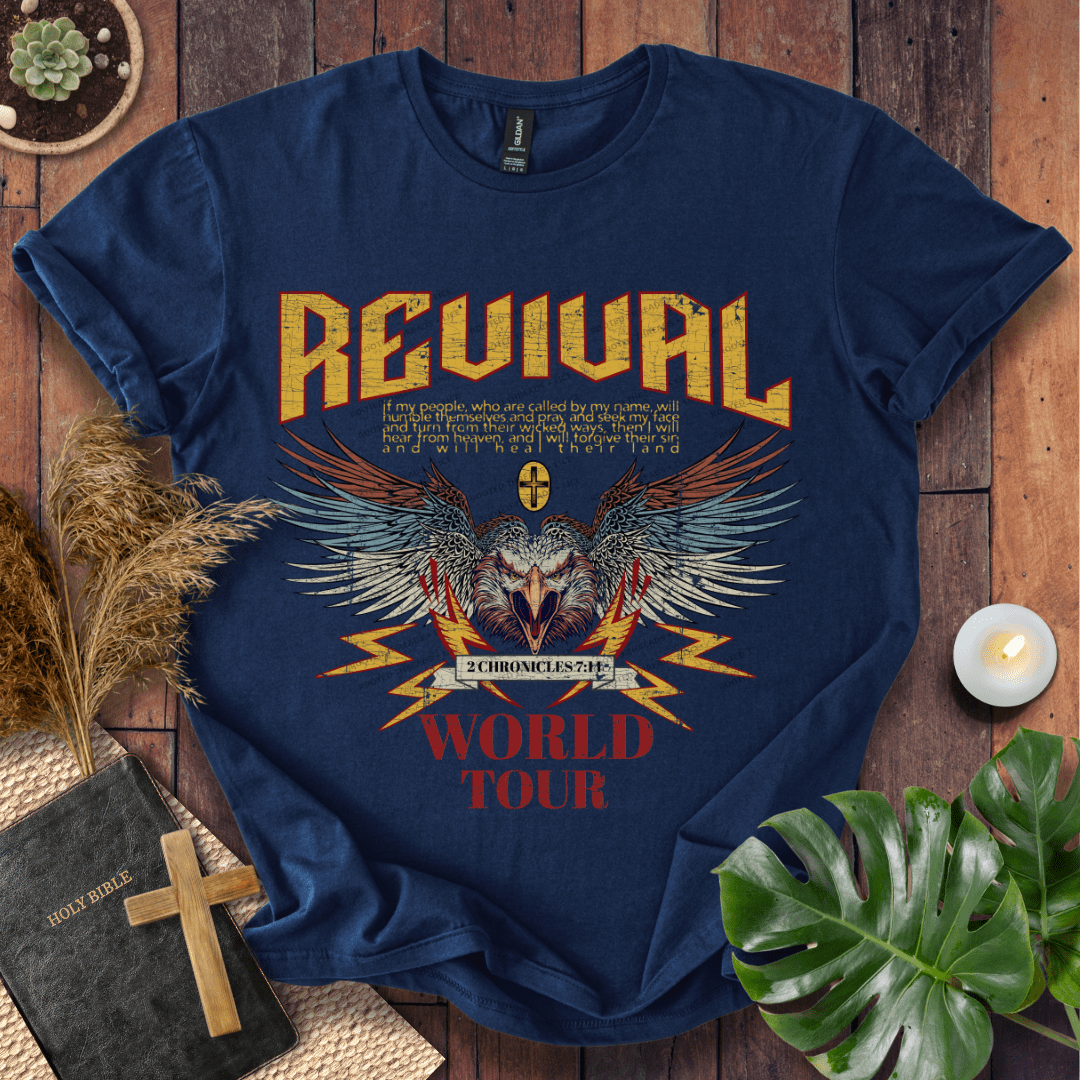 Revival World Tour Christian t-shirt—eagle wings graphic with 2 Chronicles 7:14 verse.