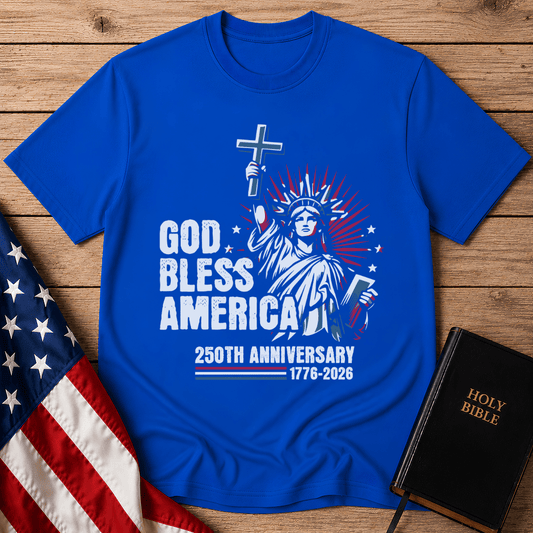 Patriotic Christian t shirts featuring the Statue of Liberty holding a cross for America's 250th anniversary.