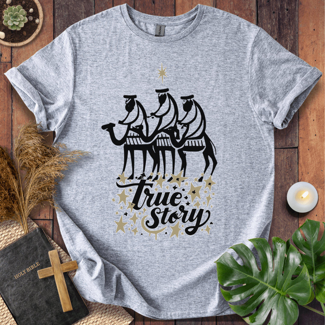 Religious Christmas tee featuring nativity scene and faith message