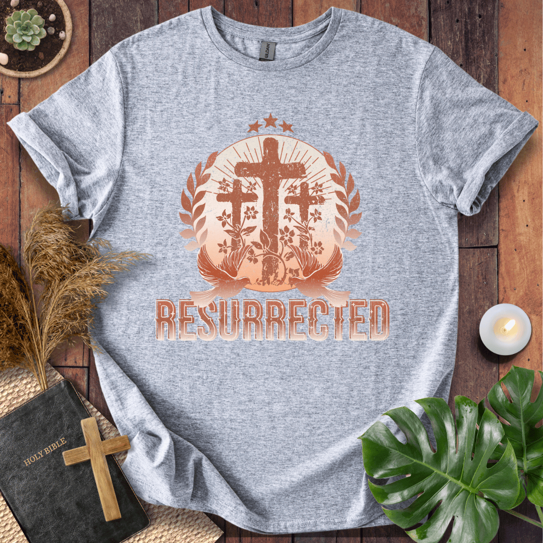 Easter t-shirt with three crosses and Resurrected text, Christian t shirts for women in vintage rust colors.