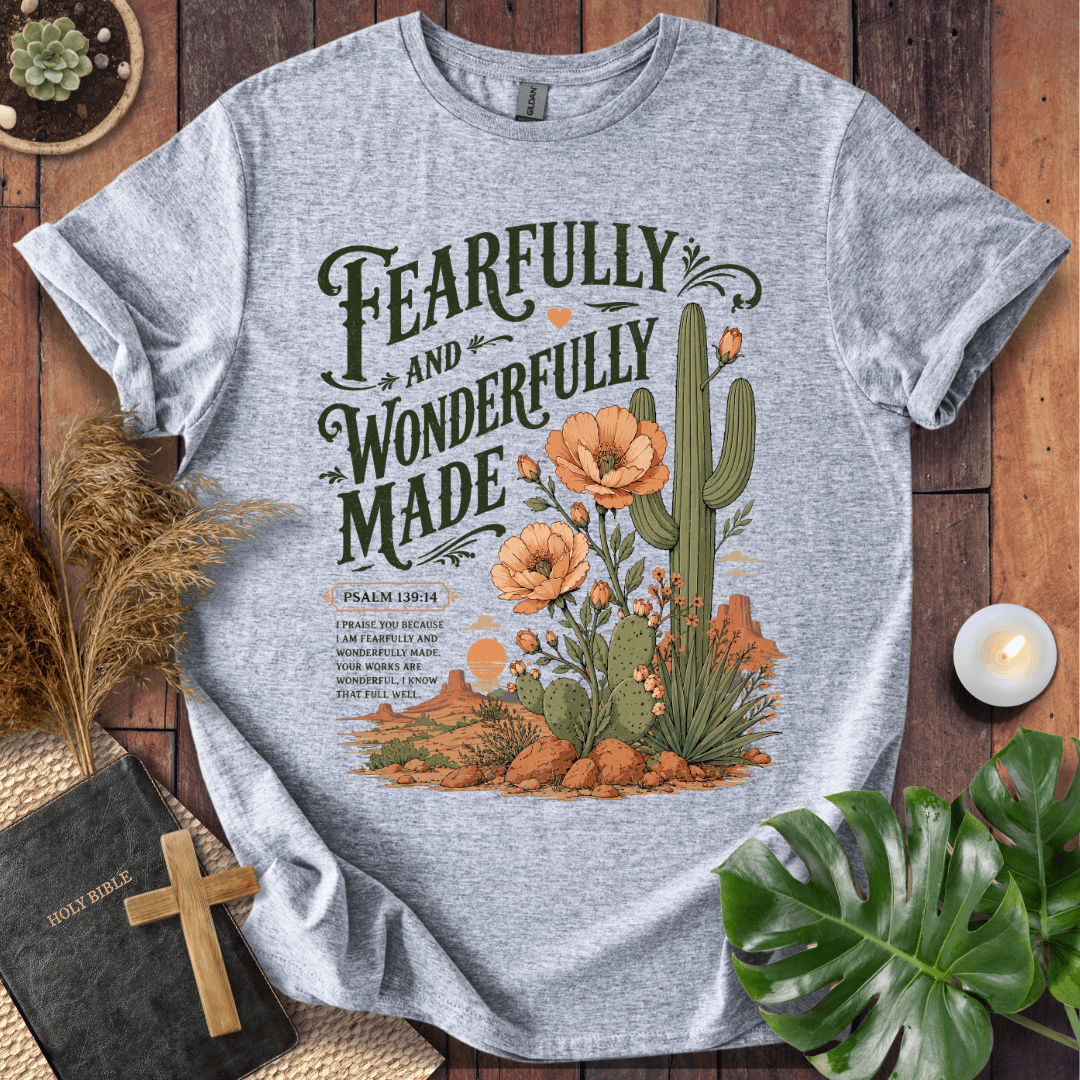 t-shirt featuring a saguaro cactus, desert flowers, and the text Fearfully and Wonderfully Made Psalm 139:14.